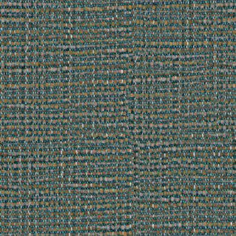 Textile sample, muted teal and mustard yellow, irregular woven pattern with varied thread thickness and textured surface.