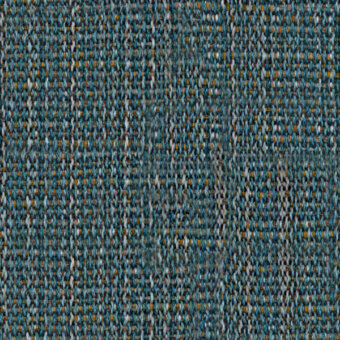 Teal blue woven textile sample with irregular pattern, muted gray threads, and burnt orange flecks; dense, nubby texture on light gray background.