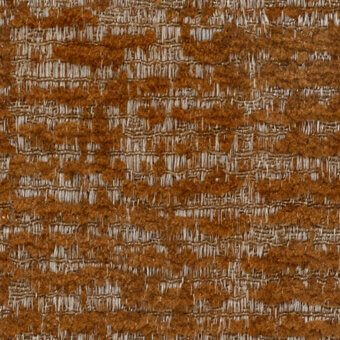 Woven fabric sample “5363 terre de siene” features an irregular brown and cream pattern with a loose, nubby texture and varying fiber heights.