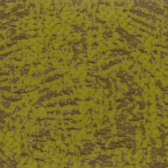 Olive green fabric sample 5448 oliva with a random, textured pattern of darker brown lines and raised dots, studio lighting.