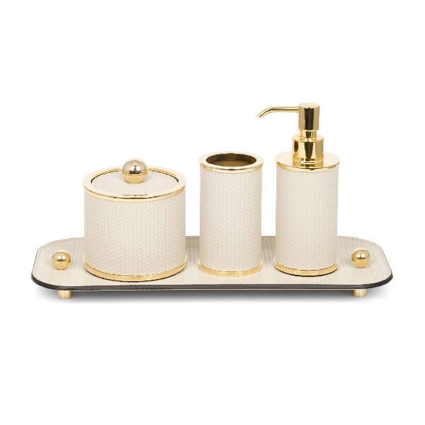 Bathroom accessories set, cream textured ceramic with gold accents, includes dispenser, holder, tray, and cotton swab container.