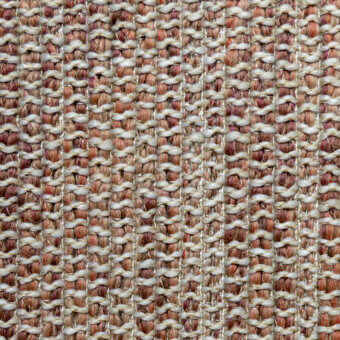 Camel botanic blend textile sample, muted beige and reddish-brown twill weave with rounded knots, dense textured natural fiber composition.