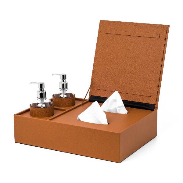 Brown leatherette sanitizing set with two silver pump dispensers, white tissues, and a black lined interior, studio shot.