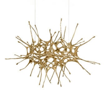 Gold metal sculpture lighting fixture, organic branching form with interconnected tendrils and droplet-like projections, suspended from thin wires.