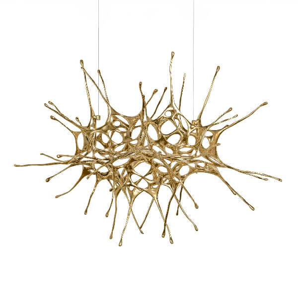 Gold metal sculpture lighting fixture, organic branching form with interconnected tendrils and droplet-like projections, suspended from thin wires.