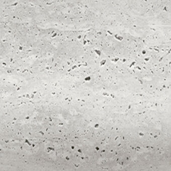 Travertino stone texture displaying light gray, beige, and darker gray mottled patterns with irregular pits and a matte, porous surface.