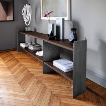 Elegant Arketipo Carter console crafted in exotic woods with texturized metal and satin finish
