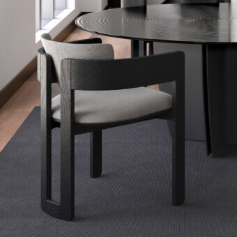 Distinguished Arketipo Kate chair with rectilinear silhouette in neutral gray upholstery and matte textured Iroko wood construction