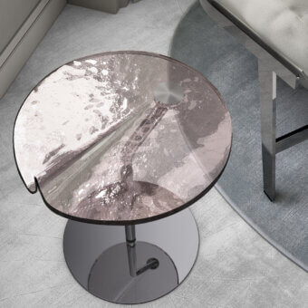 Exceptional Arketipo Maverick coffee table with pinkish-grey glass tabletop and glossy silver-toned metallic base