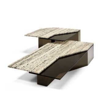 Captivating Arketipo Roswell coffee table with a matte travertine stone top and glossy bronze metal base integrating a diagonal glass plane