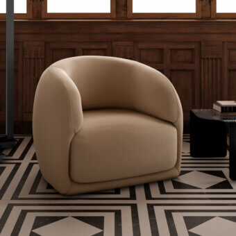 Elegant Arketipo Touch Me lounge chair upholstered in textured neutral beige textile with enveloping form