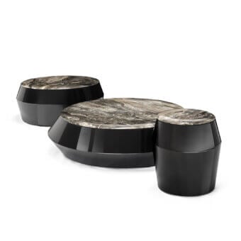 Elegant Arketipo Ufo coffee table with gray and beige veined stone and glossy fluidly-shaped base
