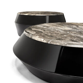 Distinguished Arketipo Ufo coffee table with a polished marble surface and sleek black metal base crafted in Italy