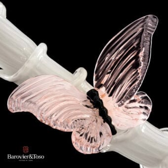 Adonis wall lamp, clear glass, branching rods with pink glass butterfly; Barovier&Toso Venezia 1928 design detail.