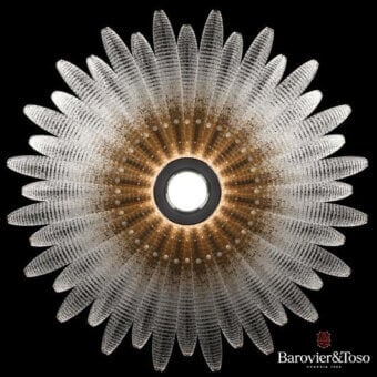 Agave suspension lamp, clear glass, radiating blades with textured surface and amber glass central fixture, Barovier&Toso design.