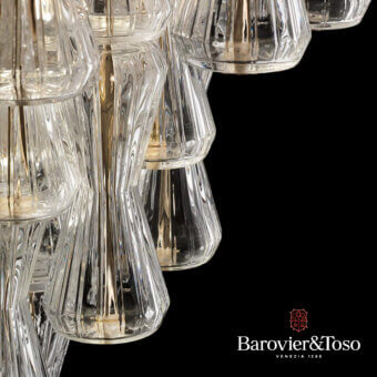Clepsydra lamp, clear faceted glass, cascading tiered design with gold metal rods, Barovier&Toso Venezia 1295 logo visible.