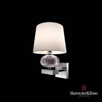 Matrioska wall lamp, chrome and beige fabric, spherical ribbed glass shade with tapered drum lampshade, Barovier&Toso Venezia 1285.