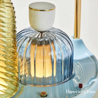Exceptional Barovier&Toso Trinitas table lamp with pale blue mouth-blown Venetian crystal and gold-plated semi-opaque metal arch
