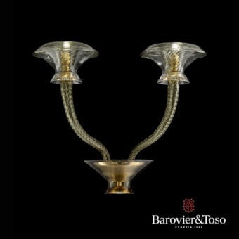 Wall lamp, clear glass, rippled shades with gold interiors, silver metal arms, brass trumpet base, U-shape, Barovier&Toso Venezia 1295 logo.