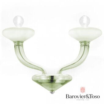 Barovier&Toso Windsor wall lamp, frosted glass shades, curved translucent green glass arms, teardrop base, studio shot.