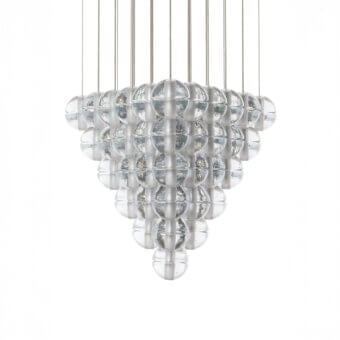 Elegant Bocci 14 Geometric suspension lamp with numerous clear glass elements and light-colored metal rods offering subtle silver-grey reflections