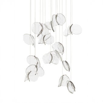 Bocci 141 suspension lamps, medium, translucent glass with mottled texture, asymmetrical cluster arrangement, diffused lighting.