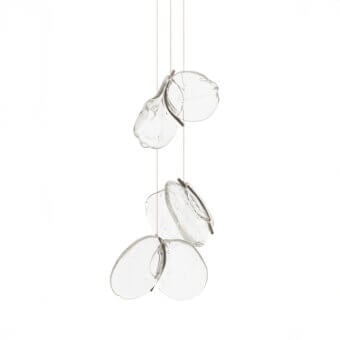 Bocci 141 suspension lamps, clear glass, fractured spherical forms hang from thin wires against a white backdrop.