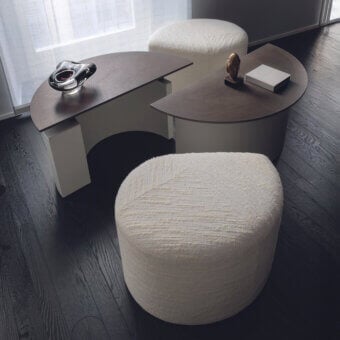Distinguished Giorgetti Tiber Coffee Table & Tiberina Ottoman set with overlapping satin-finished wood and off-white supporting structures