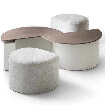 Elegant Giorgetti Tiber Coffee Table & Tiberina Ottoman ensemble upholstered in textured neutral gray textile with satin-finish warm brown wood
