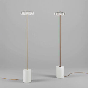 Superior Italamp Gilda floor lamp with a slender metal structure and gold-toned transparent glass diffuser cage crafted in Italy