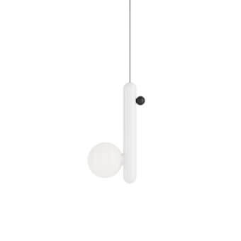 Gocce suspension lamp by Italamp, white cylindrical body with horizontal opaque white globe, thin black cord, minimalist design.