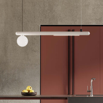 Elegant Italamp Gocce suspension lamp with linear white metal and delicate translucent glass sphere crafted in Italy