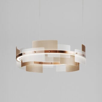 Exceptional Italamp Halo suspension lamp crafted in satin bronze metal with micro ribbed satin white and satin teak glass