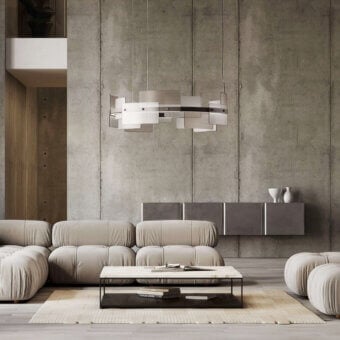 Superior Italamp Halo suspension lamp with a matt midnight grey metal structure and micro ribbed satin white glass panels