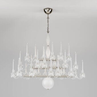Distinguished Italamp Keplero chandelier crafted in crystal and glass with sleek silvery-grey metalwork and flowing curves