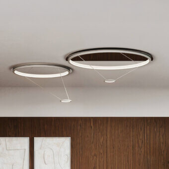 Superior Italamp Loop ceiling lamp crafted in metal with a neutral gray-black finish embodying lightness and balanced illumination