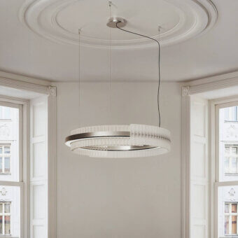 Distinguished Italamp Rhea suspension lamp with overlapping semicircles of refined metal and transparent etched glass in a neutral gray finish