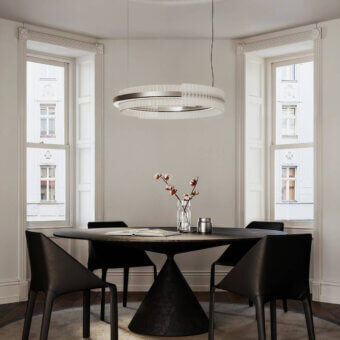 Superior Italamp Rhea suspension lamp in refined metal with overlapping rings and transparent etched glass finish