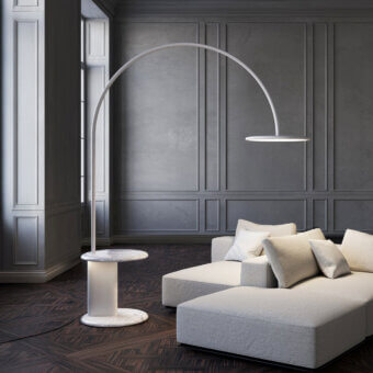 Exceptional Italamp U Floor Lamp with side table in glossy white metal and Carrara marble with matte finish