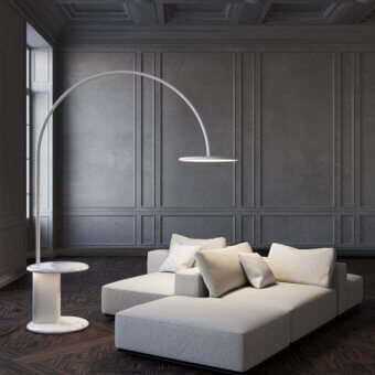 Superior Italamp U Floor Lamp with side table in glossy white metal and Carrara marble with opal methacrylate diffuser