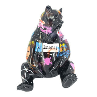 Black bear sculpture with glossy graffiti design, featuring pink, yellow, orange, purple, and white star patterns, Juliarte style.