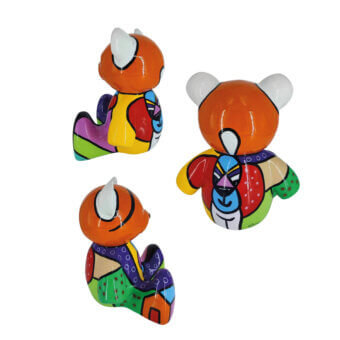 Ceramic teddy sculptures, pop art style, featuring geometric shapes in orange, yellow, blue, green, red, and black with bold outlines.