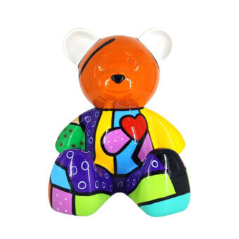Exclusive Juliarte Teddy sculpture crafted from stone powder and fiber glass with colorful patchwork and transparent ears