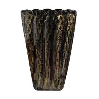 Exceptional Wave Murano Glass Aurati vase crafted with dark glass, 24k gold inclusions and a glossy finish