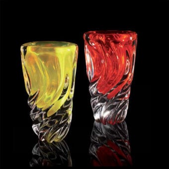 Exclusive Wave Murano Glass Battlò vase handcrafted in yellow glass with swirling golden marbled patterns and polished finish