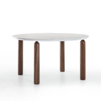 Elegant Pacini & Cappellini Gio table with polished natural marble tabletop and satin-finish wooden base crafted in Italy