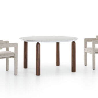 Distinguished Pacini & Cappellini Gio table with matte white tempered glass tabletop and refined medium-toned wood base