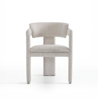 Superior Pacini & Cappellini Iris armchair with ash wood structure and soft, textured pale beige boucle fabric upholstery