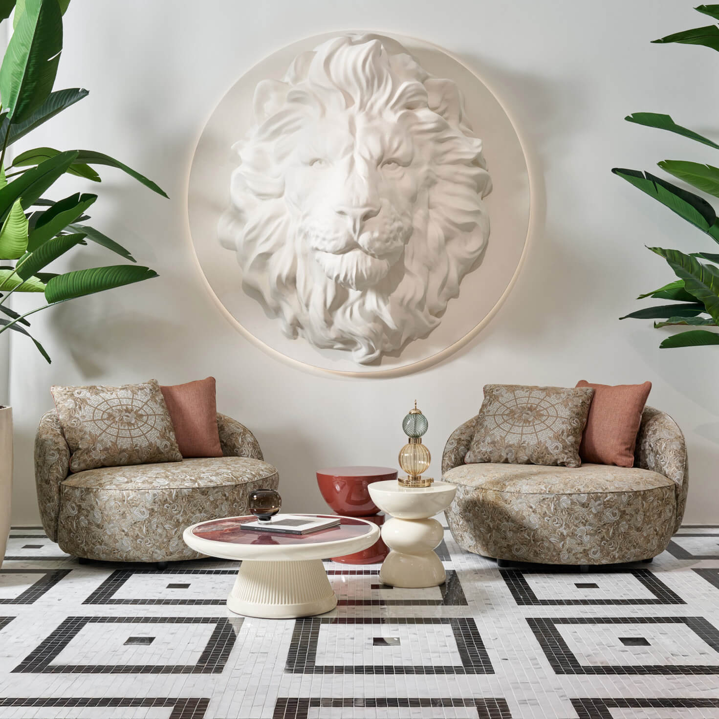Superior Sicis Prestige Lounge Chair with comfortable fabrics displaying a complex, patterned design in muted beige and brown tones crafted in Italy