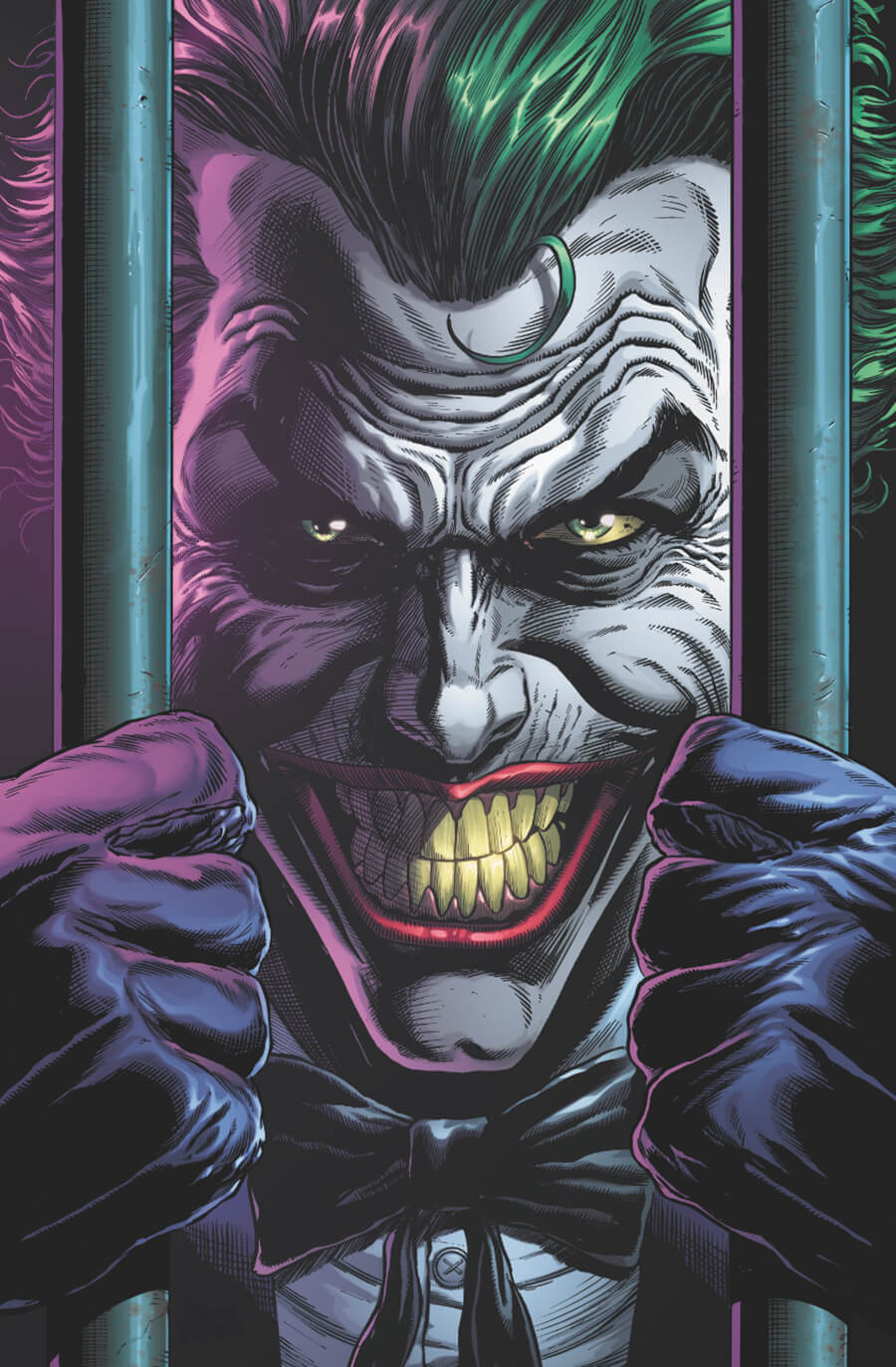 Joker portrait, pale skin, green hair, purple suit, behind metallic bars, dramatic lighting, unsettling grin, Cassoni joker home collection.